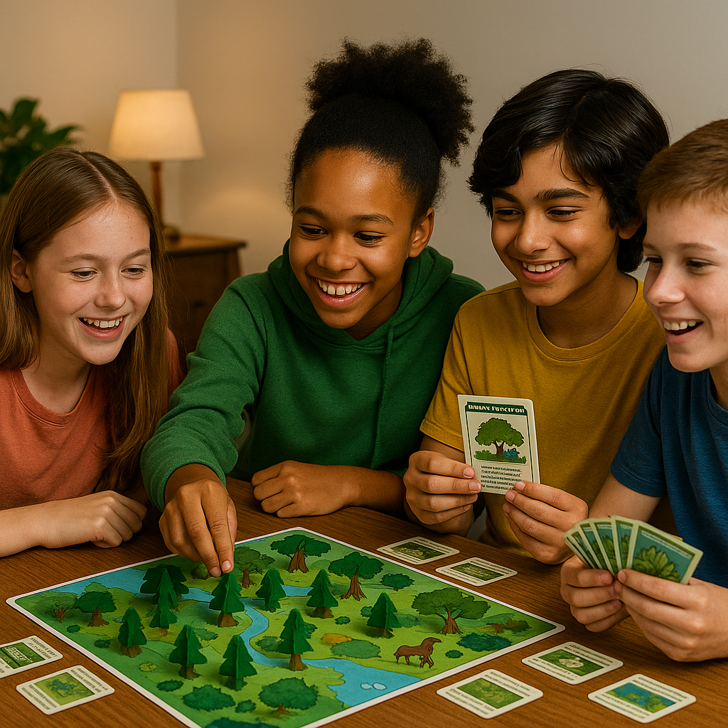 Four Green Crew youth playing a board game during Green Game Night, building community and sharing their passion for environmental leadership and making the world a better place.