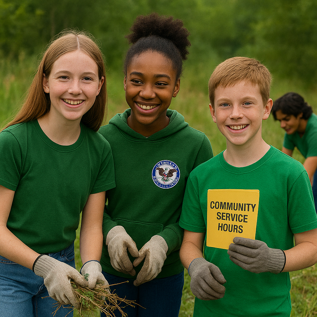 Three Green Crew youth holding a “Community Service” sign, representing opportunities to earn service hours through youth-led environmental projects for school, Scouts, and the Presidential Volunteer Service Award.