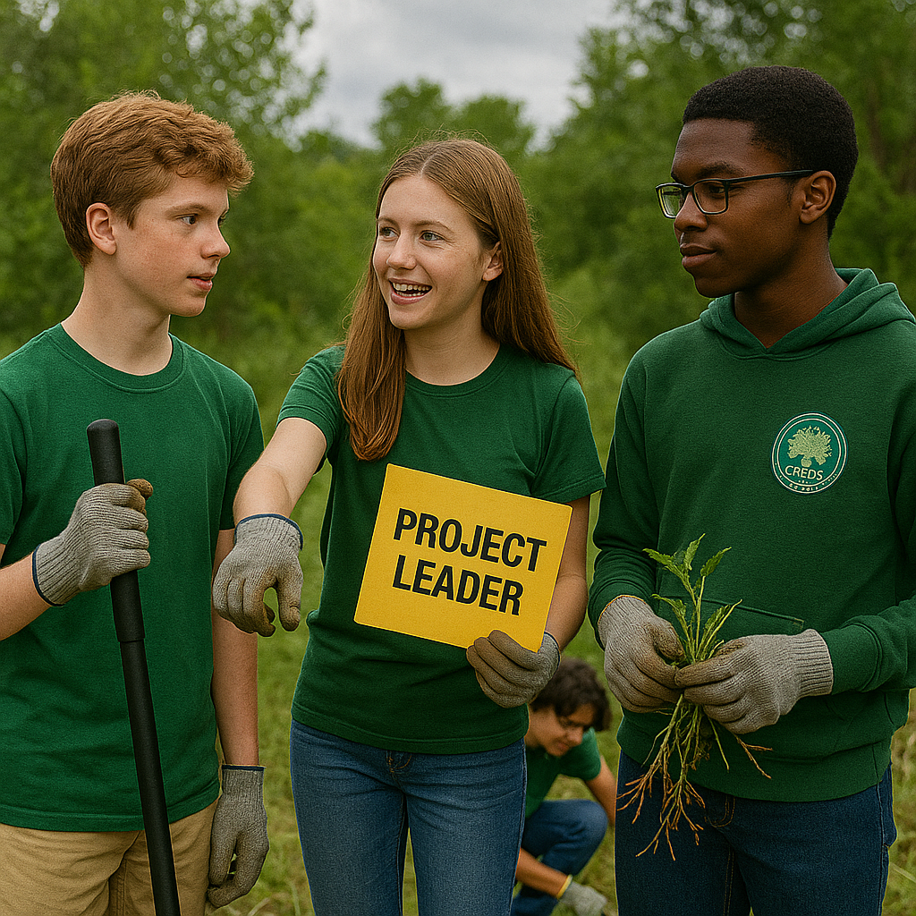 Mary, a Green Crew project leader, restoring an erosion scar caused by mountain bike misuse at the Wildlife Refuge access point, alongside youth teammates and a project mentor.