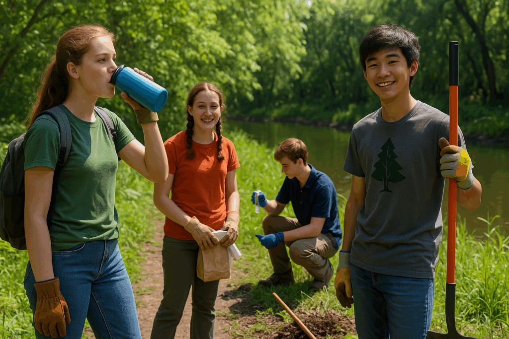 Four Green Crew participants engaged in a summer Conservation Fun Friday drop-in program, learning outdoor ethics, water science, and hands-on conservation service.